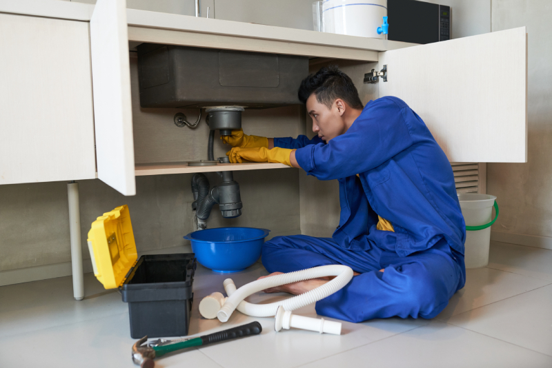 A plumber inspects pipes under a kitchen sink, emphasizing the importance of commercial plumbing maintenance.