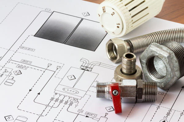 Plumbing schematics and parts symbolize proactive planning to avoid costly repairs. 