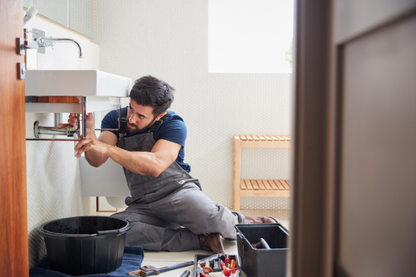 A plumber in overalls works on pipes under a bathroom sink, emphasizing professional repair and maintenance. 
