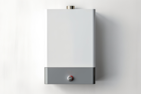  A sleek, modern tankless water heater mounted on a white wall, representing on-demand hot water systems.